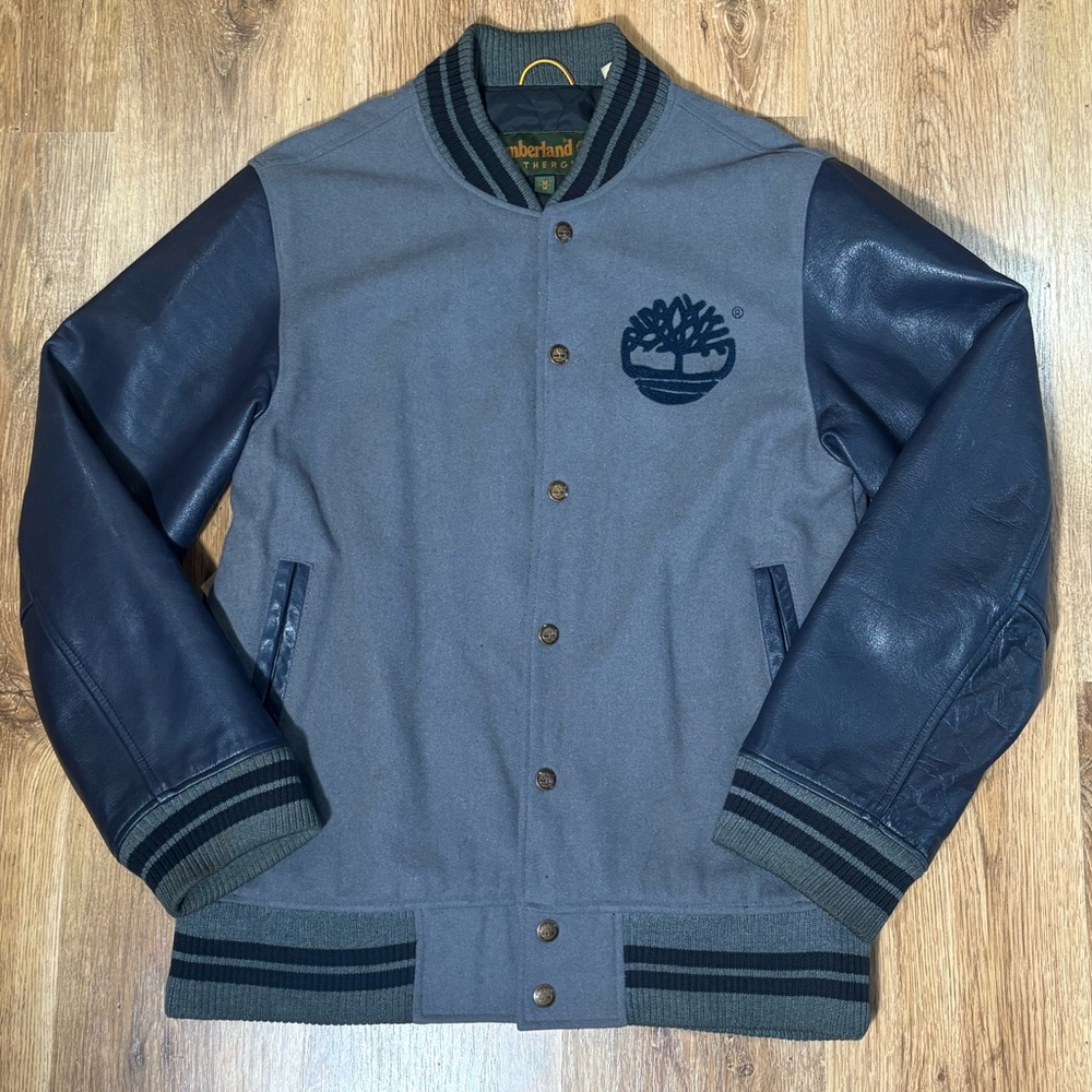 Vintage Timberland Navy and Gray Wool Leather Varsity Jacket